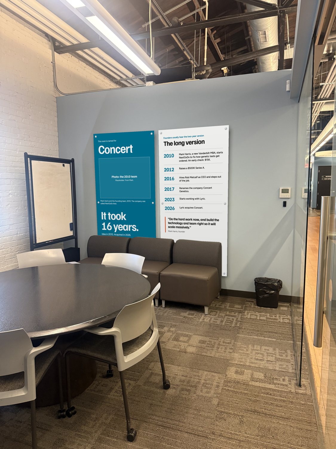 The blue wall with a teal Concert panel and a white timeline panel above the couch.